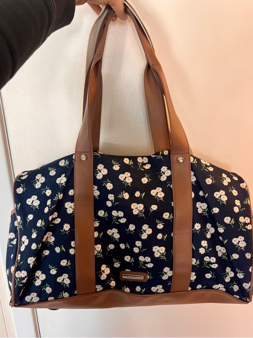 Madden Girl Navy Floral Travel Tote with Brown Trim